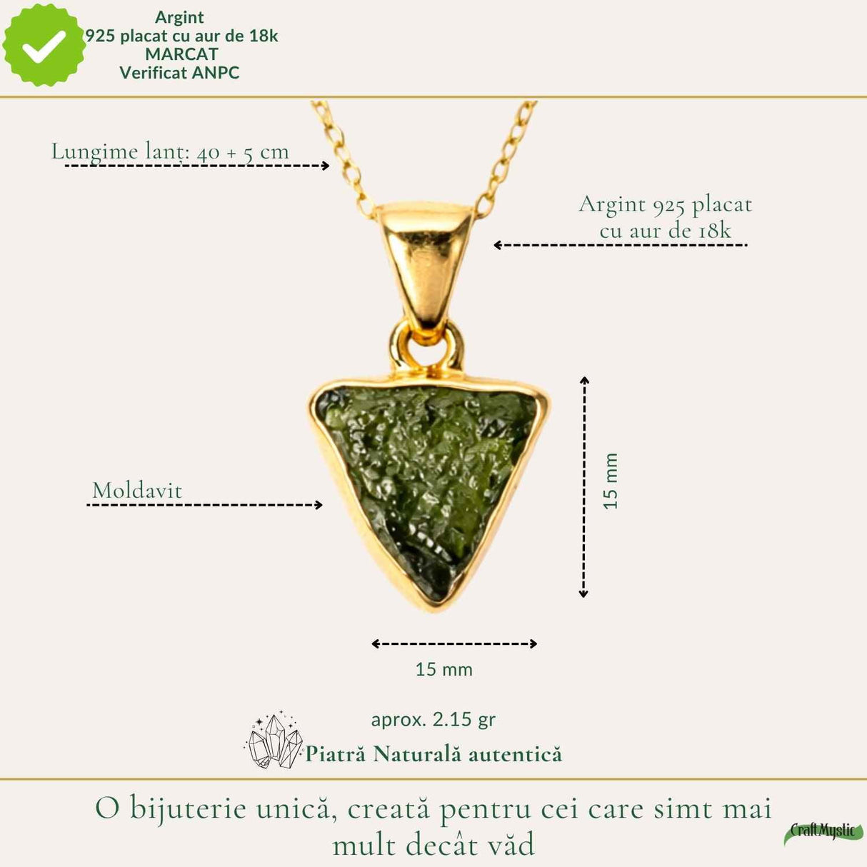Colier Moldavit Brut Triunghi Argint 925 Placat cu Aur – Energie si Claritate Interioara