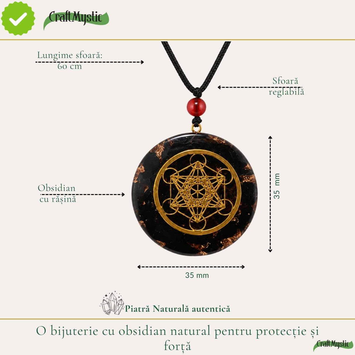 Colier Orgonit cu pietre naturale de Obsidian si Cubul lui Metatron – Protectie si Echilibru Interior