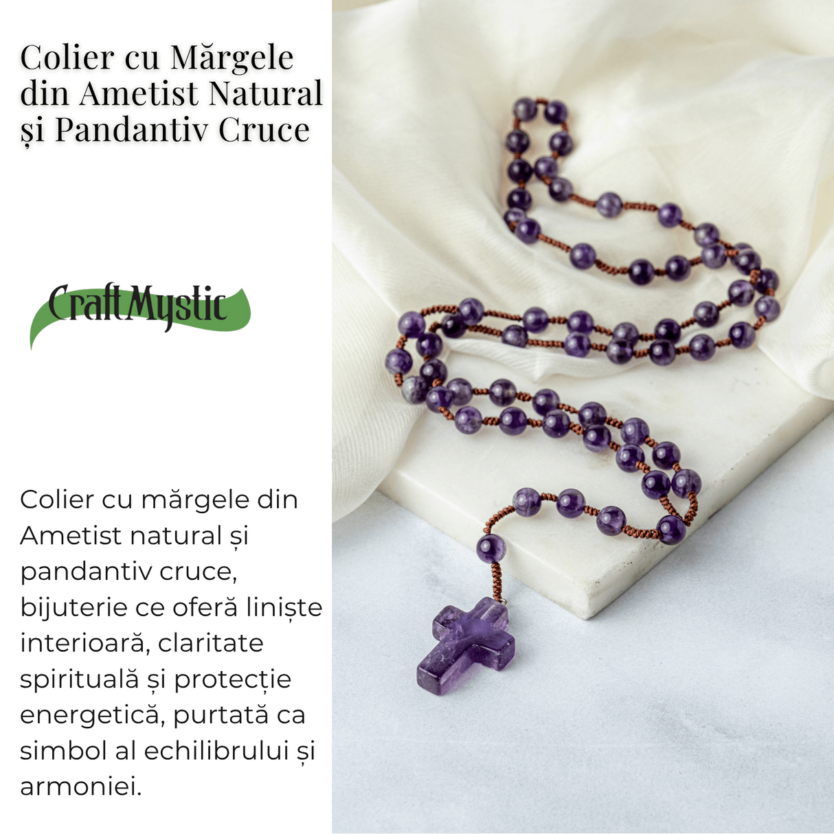 Colier cu Margele din Ametist Natural si Pandantiv Cruce - Liniste Interioara si Protectie Spirituala