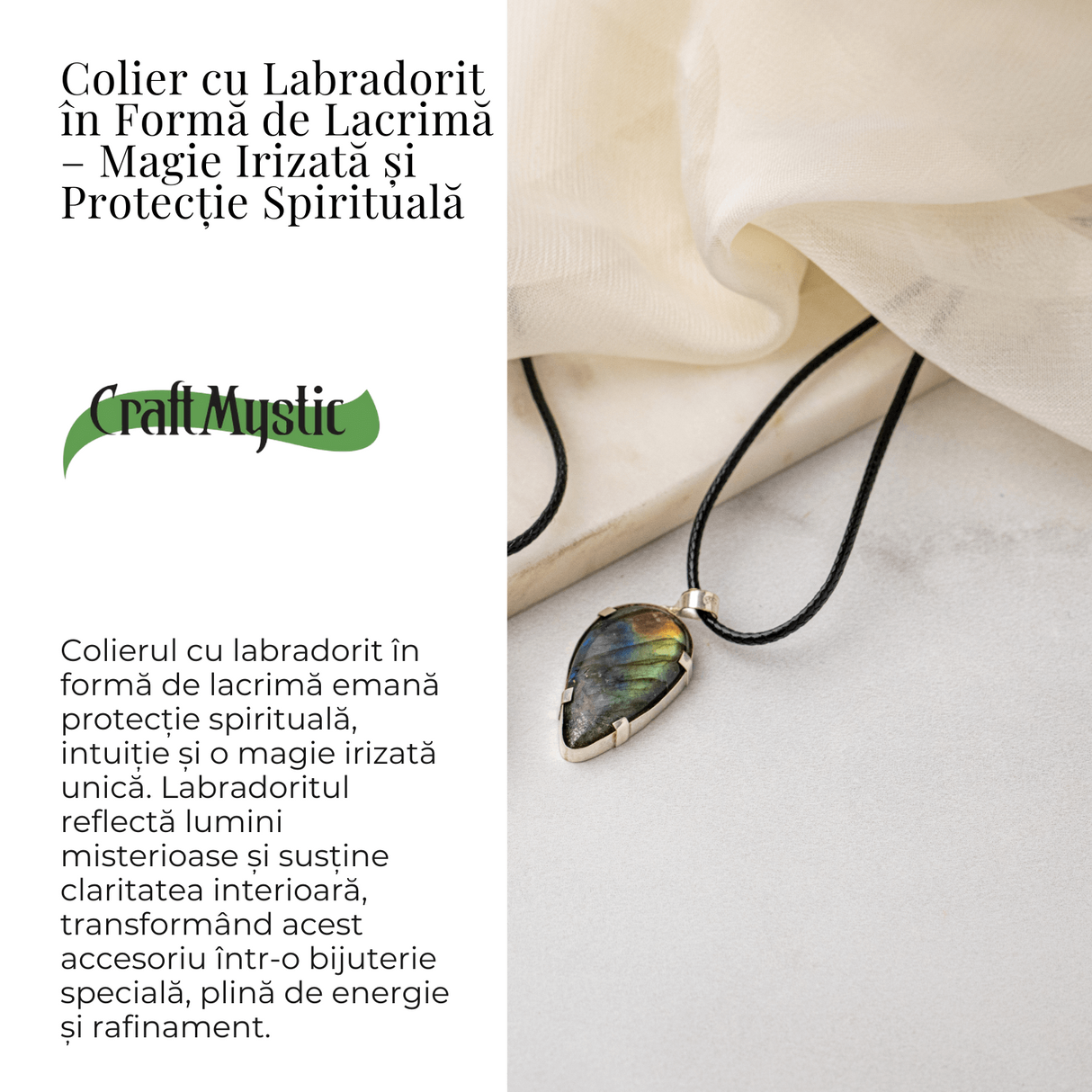 Colier cu Labradorit Natural in Forma de Picatura - Protectie, Intuitie si Stralucire Irizata