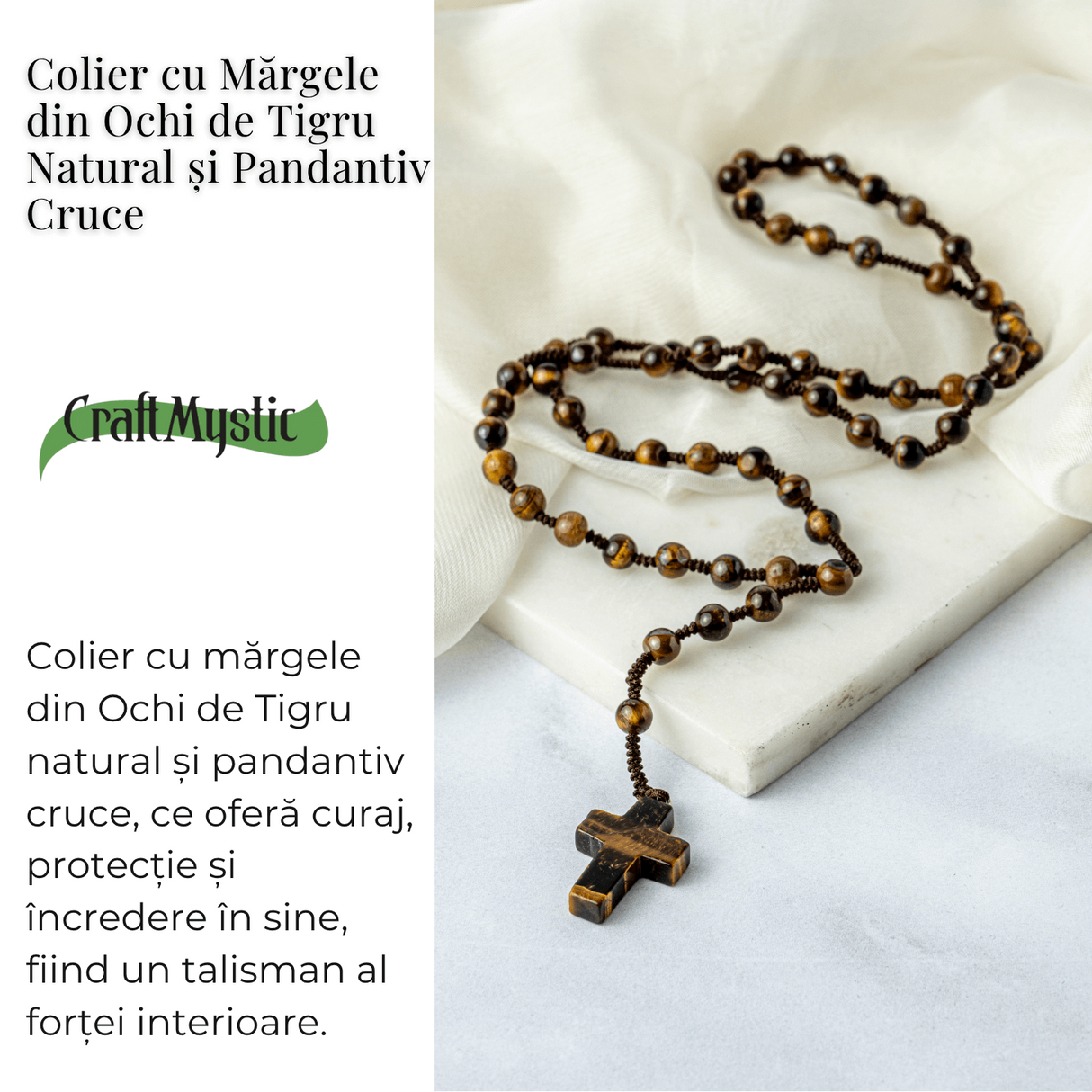 Colier cu Margele din Ochi de Tigru Natural si Pandantiv Cruce - Protectie, Curaj si Forta Interioara