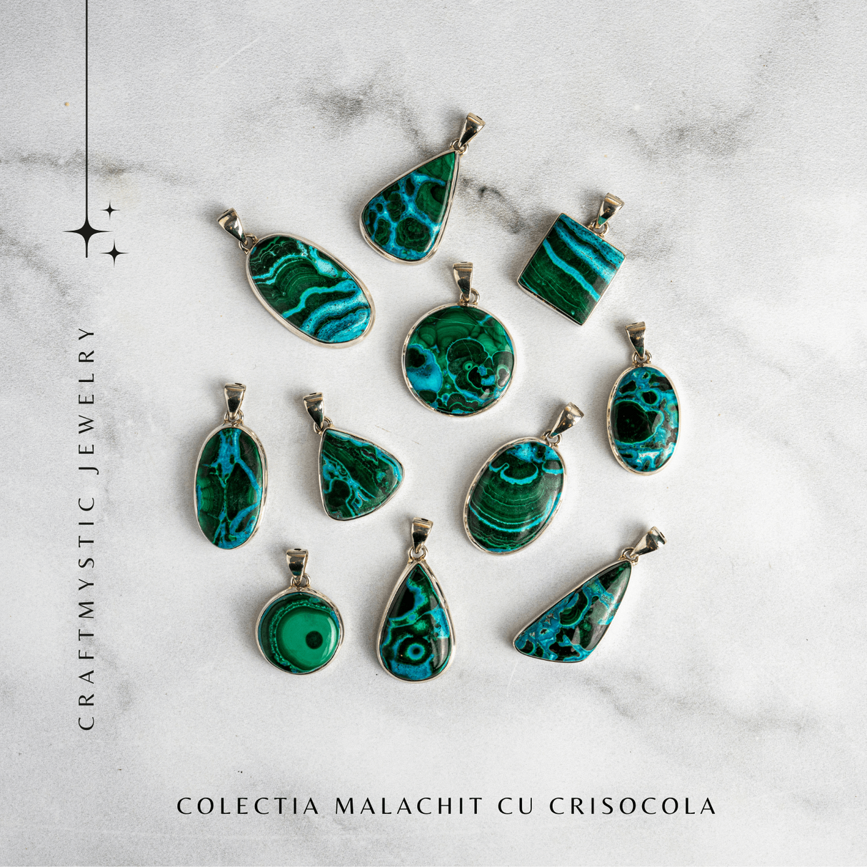 Colier protectie si echilibru emotional - Malachit si Crisocola montura Argint 925 8.35 gr