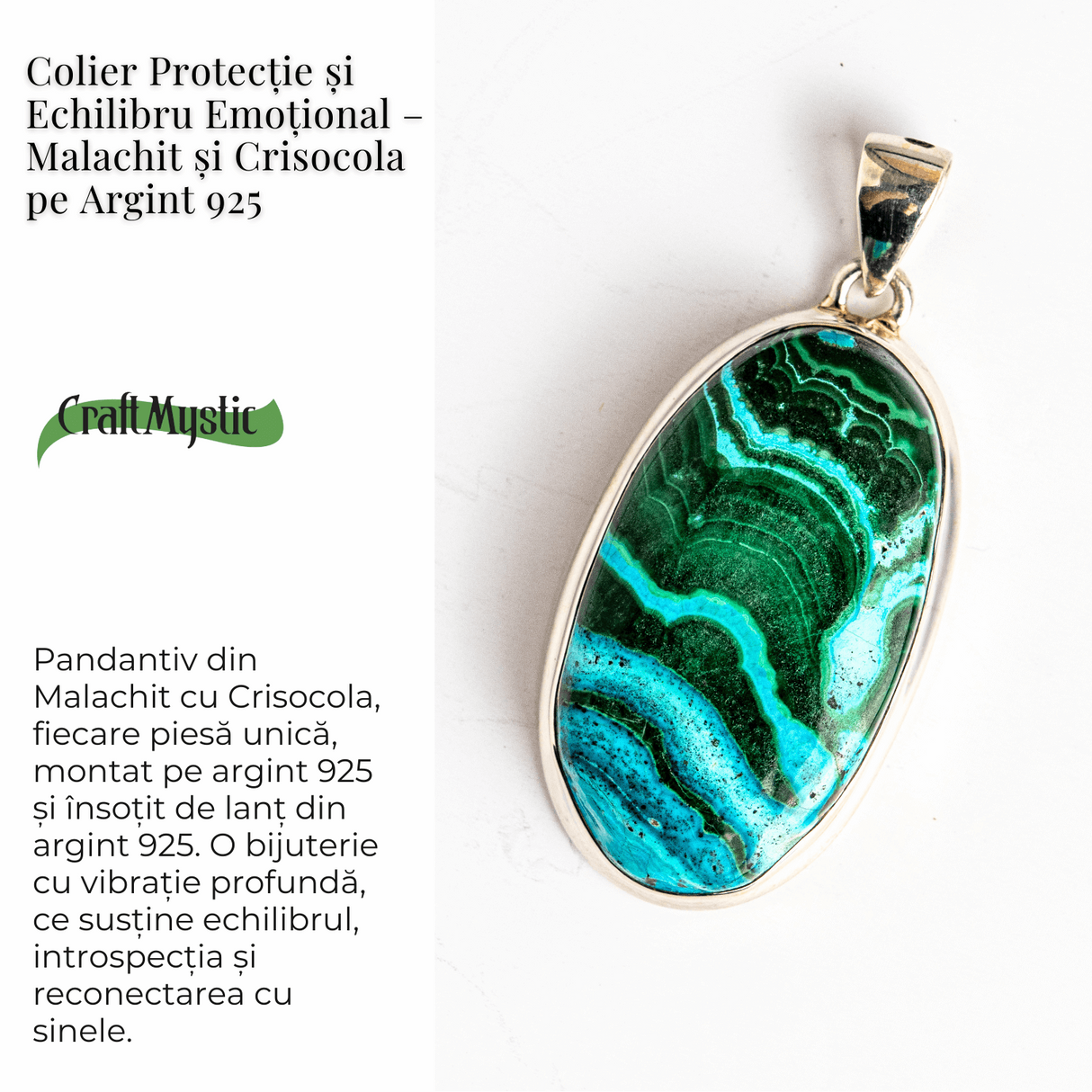 Colier protectie si echilibru emotional - Malachit si Crisocola montura Argint 925 8.35 gr