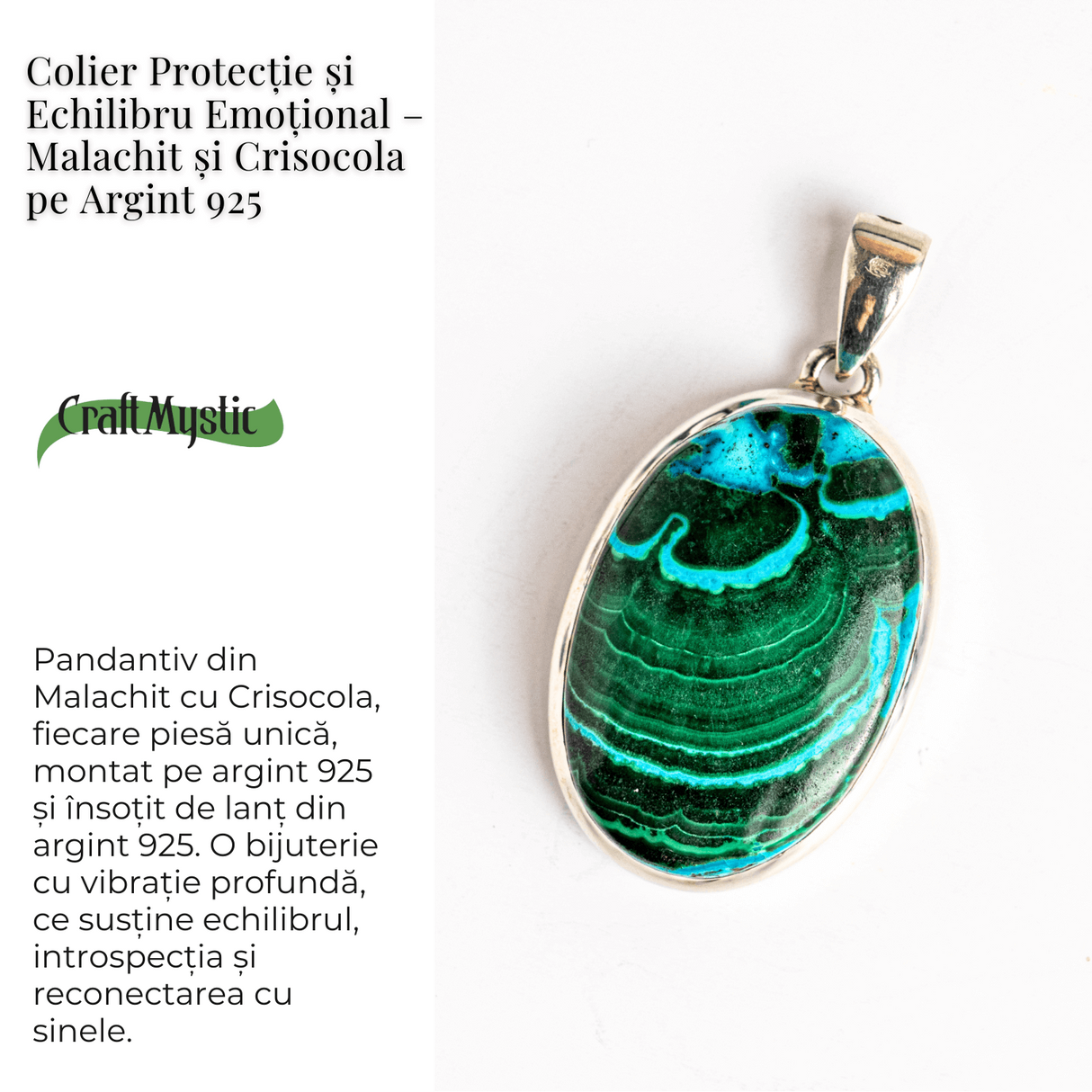 Colier protectie si echilibru emotional - Malachit si Crisocola montura Argint 925 8.35 gr
