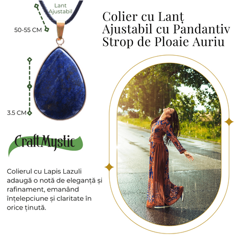 Colier ajustabil cu pandantiv strop de ploaie auriu Lapis Lazuli - Claritate si Intelepciune - Copie