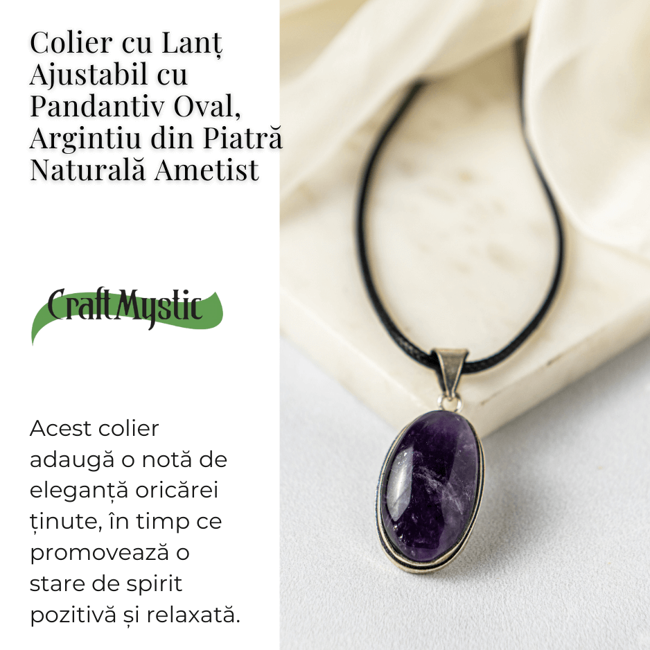 Colier ajustabil cu pandantiv oval din Ametist Natural - Claritate Mentala si Echilibru Spiritual