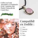 Colier reglabil cu pandantiv oval Cuart Roz - Dragoste si Echilibru Emotional