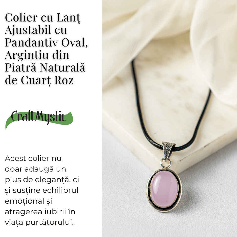 Colier reglabil cu pandantiv oval Cuart Roz - Dragoste si Echilibru Emotional
