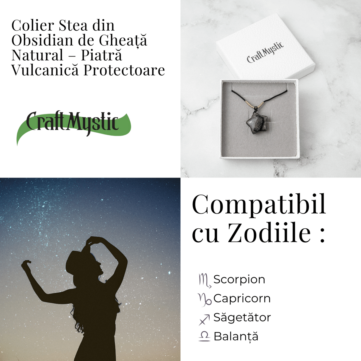Colier Stea din Obsidian de Gheata Natural cu Snur Reglabil - Protectie si Claritate Interioara
