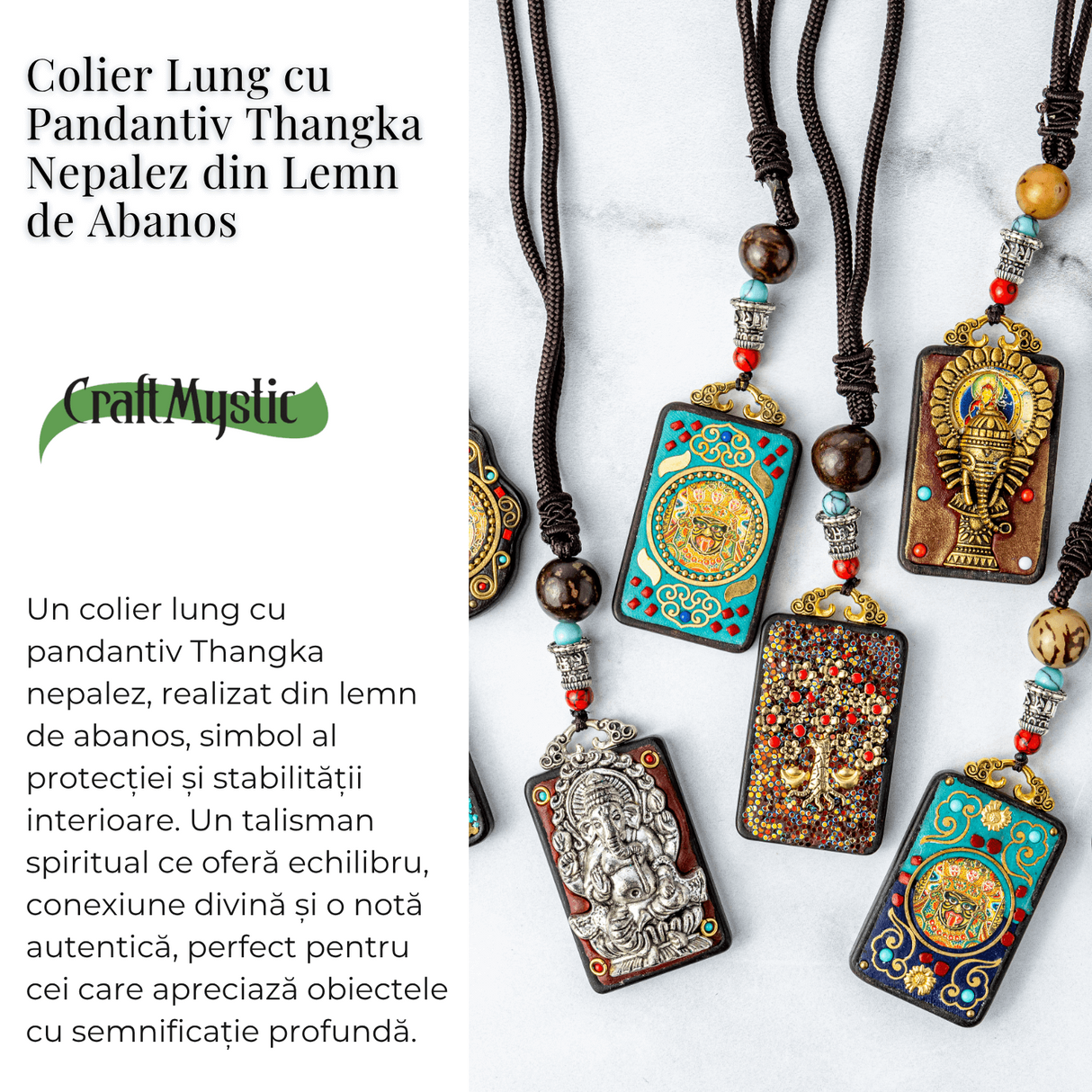 Colier Thangka Nepalez din Lemn de Abanos cu Arborele Vietii - Protectie, Armonie si Renastere Spirituala