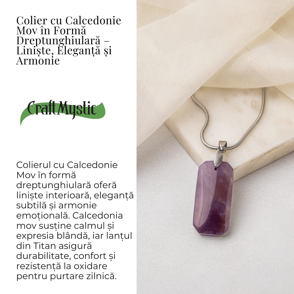 Colier Titanium cu Calcedonie Mov Dreptunghiulara - Armonie, Liniste si Eleganta Subtila