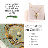 Echilibru si Vindecare Emotionala - Colier inox si pandantiv argint 925 placat cu aur de18k si Triplu Kyanit Verde
