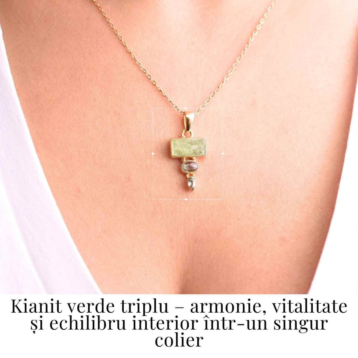 Echilibru si Vindecare Emotionala - Colier inox si pandantiv argint 925 placat cu aur de18k si Triplu Kyanit Verde