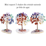 Mini Copacel pietre semipretioase 7 chakra pe felie de agat - decor cristal feng shui, accesorii pentru birou, cristale pentru meditatie