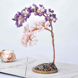 Copac pietre semipretioase ametist si cuart Roz pe felie de agat - Decor cristal feng shui, accesorii pentru birou, cristale pentru meditatie
