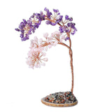 Copac pietre semipretioase ametist si cuart Roz pe felie de agat - Decor cristal feng shui, accesorii pentru birou, cristale pentru meditatie