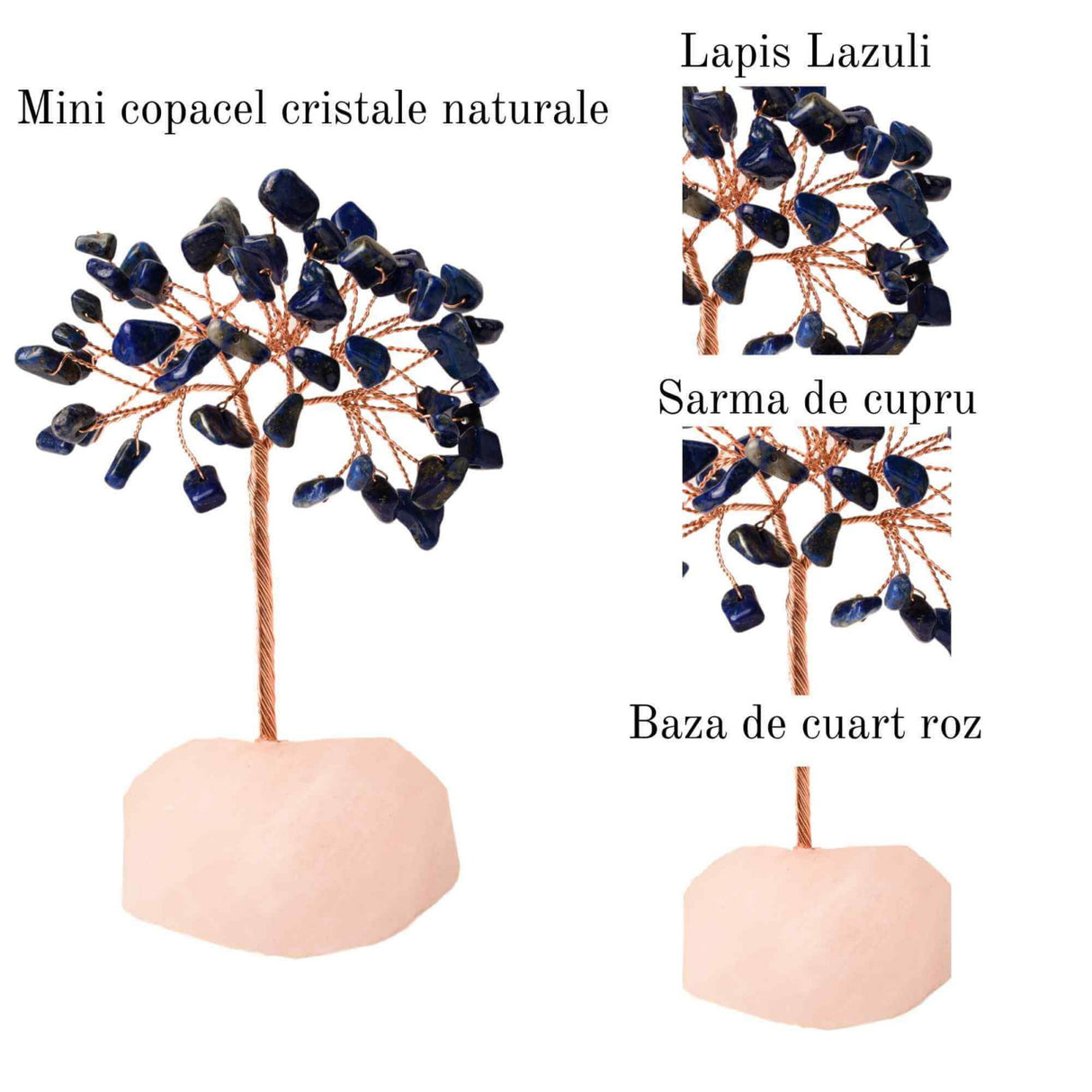 Copacel 10-11 cm din cristale naturale Lapis Lazuli cu baza de Cuart Roz cu 6 ramuri si 54 mini pietre semipretioase - Armonie si bunastare