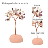 Copacel 10-11 cm din cristale naturale Fluorit cu baza de Cuart Roz cu 6 ramuri si 54 mini pietre semipretioase - Echilibru si armonie
