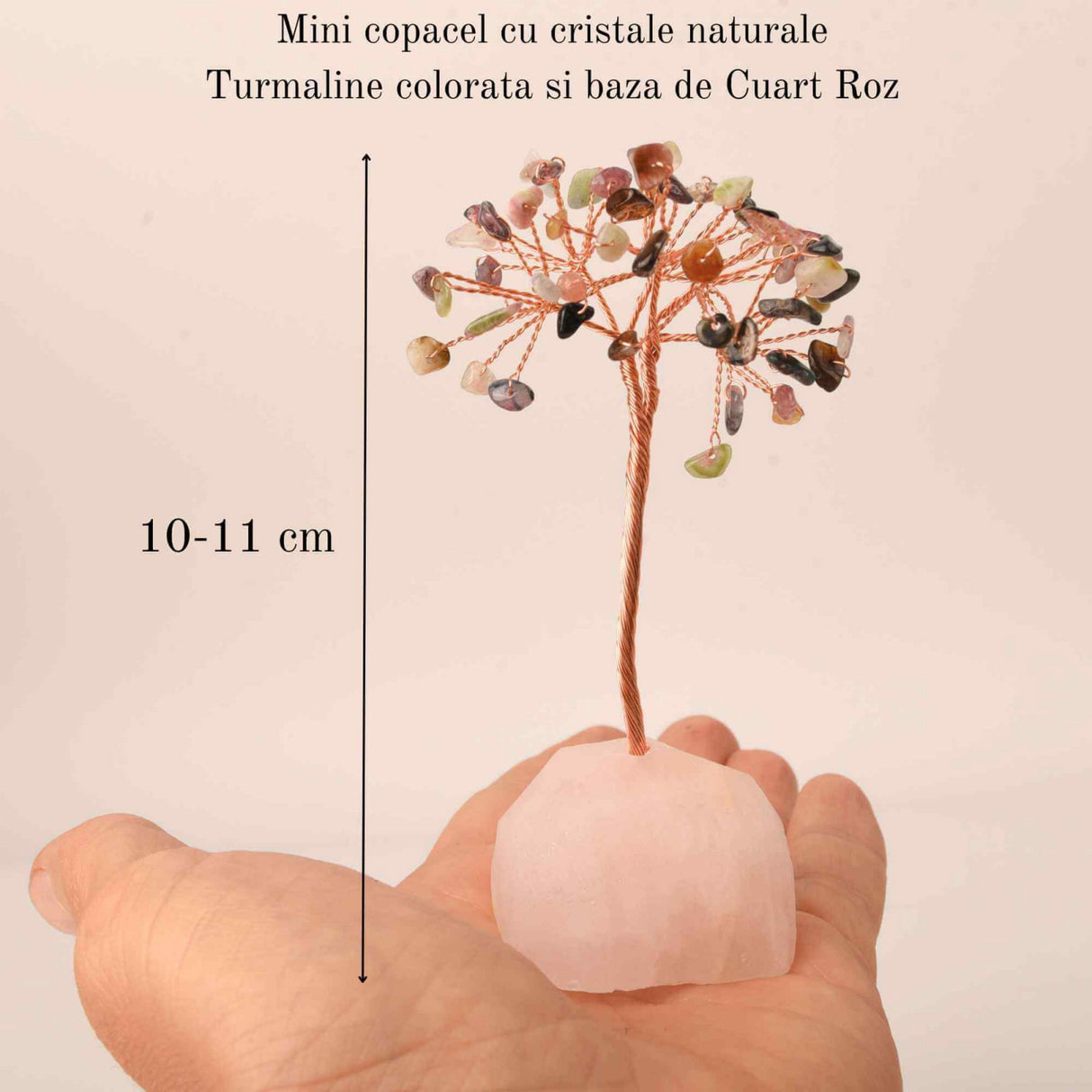 Copacel 10-11 cm din cristale naturale Turmalina colorata cu baza de Cuart Roz cu 6 ramuri si 54 mini pietre semipretioase - Protectie si iubire