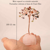 Copacel 10-11 cm din cristale naturale Turmalina colorata cu baza de Cuart Roz cu 6 ramuri si 54 mini pietre semipretioase - Protectie si iubire