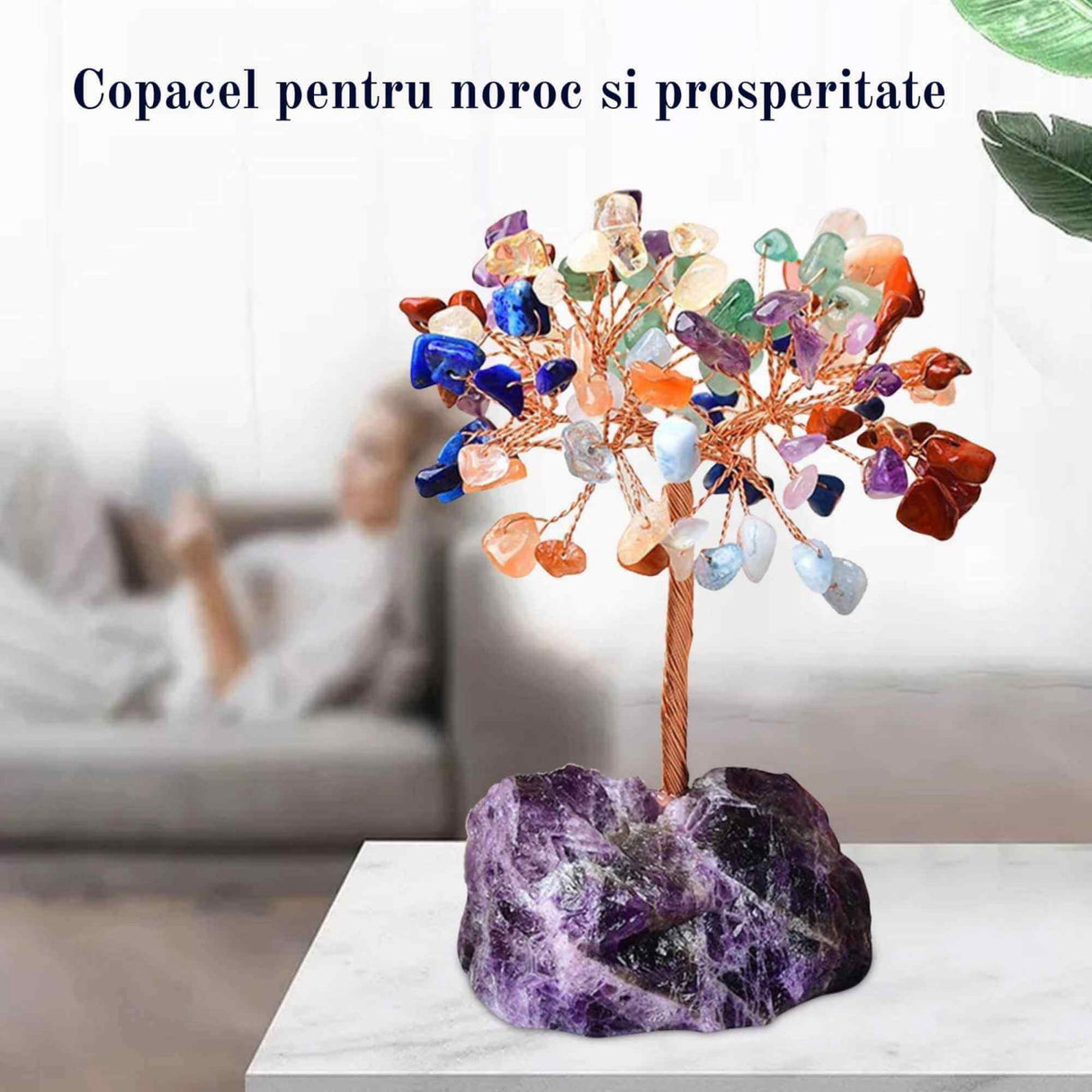 Copacel 12-13 cm din 7 pietre naturale Chakra si baza din cristal natural Ametist pentru noroc si prosperitate