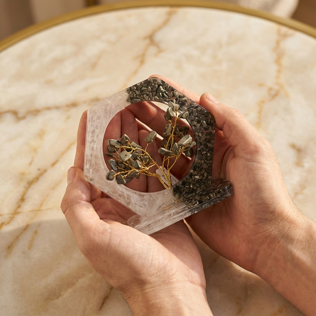 Copac Orgon cu Pirita si Selenit - Forma Hexagonala 10×10 cm