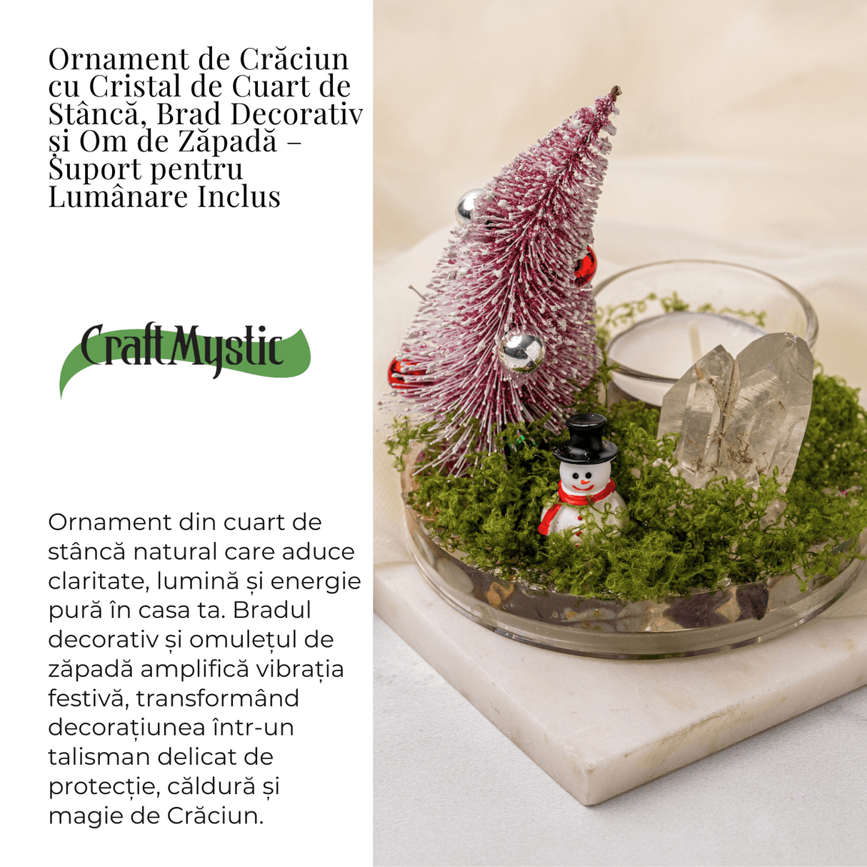 Suport Lumanare cu Cuart Transparent – Claritate, Lumina si Energie Festiva