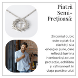 Protectie si Credinta - Colier Cruce cu Zirconiu si Coroana Circulara, Placat Argintiu