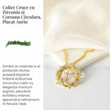 Credinta si Protectie - Colier Cruce cu Zirconiu si Coroana Circulara, Placat Auriu