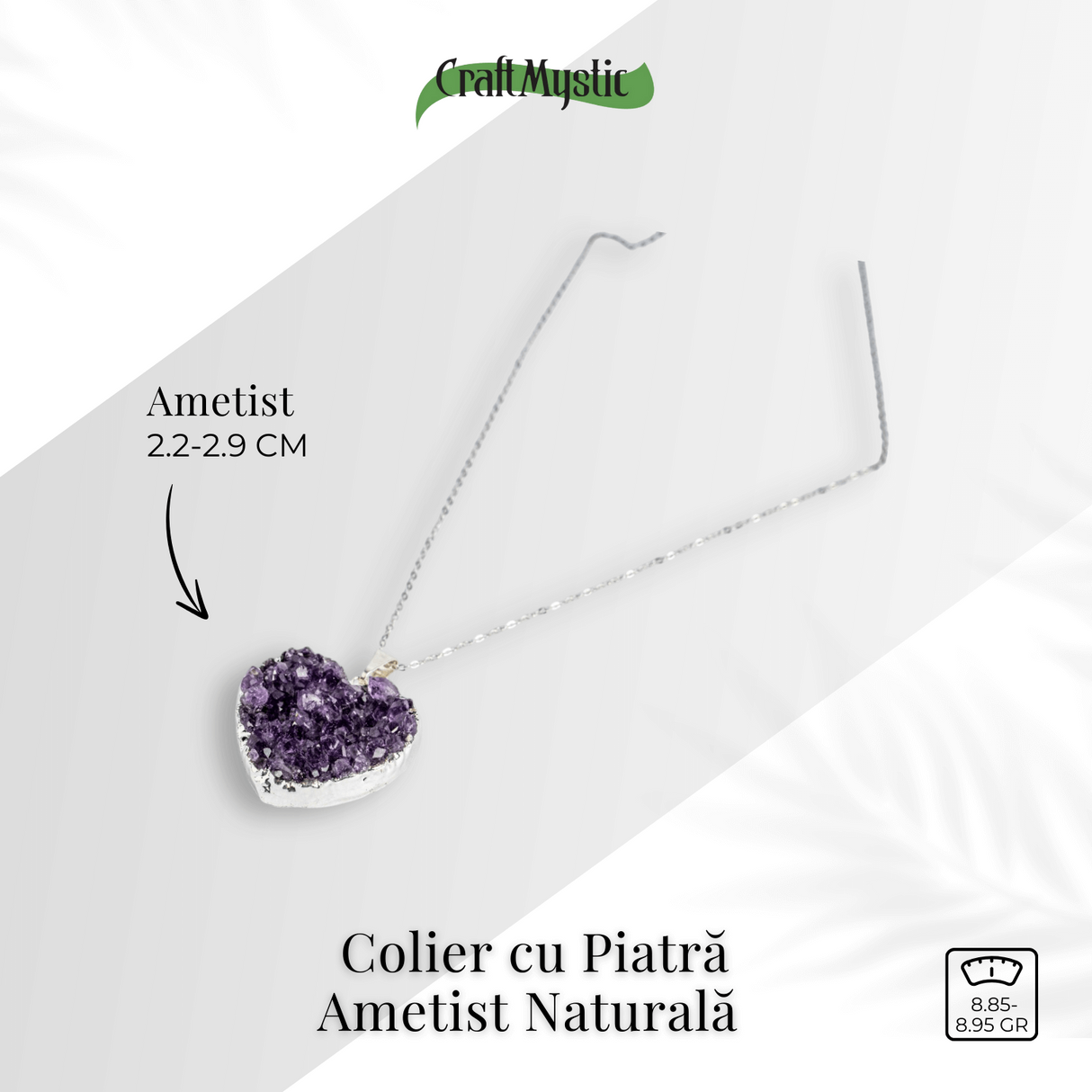 Talismanul inimii - Colier cu piatra ametist naturala Brazilia si lant argint 925 - Energie purificatoare