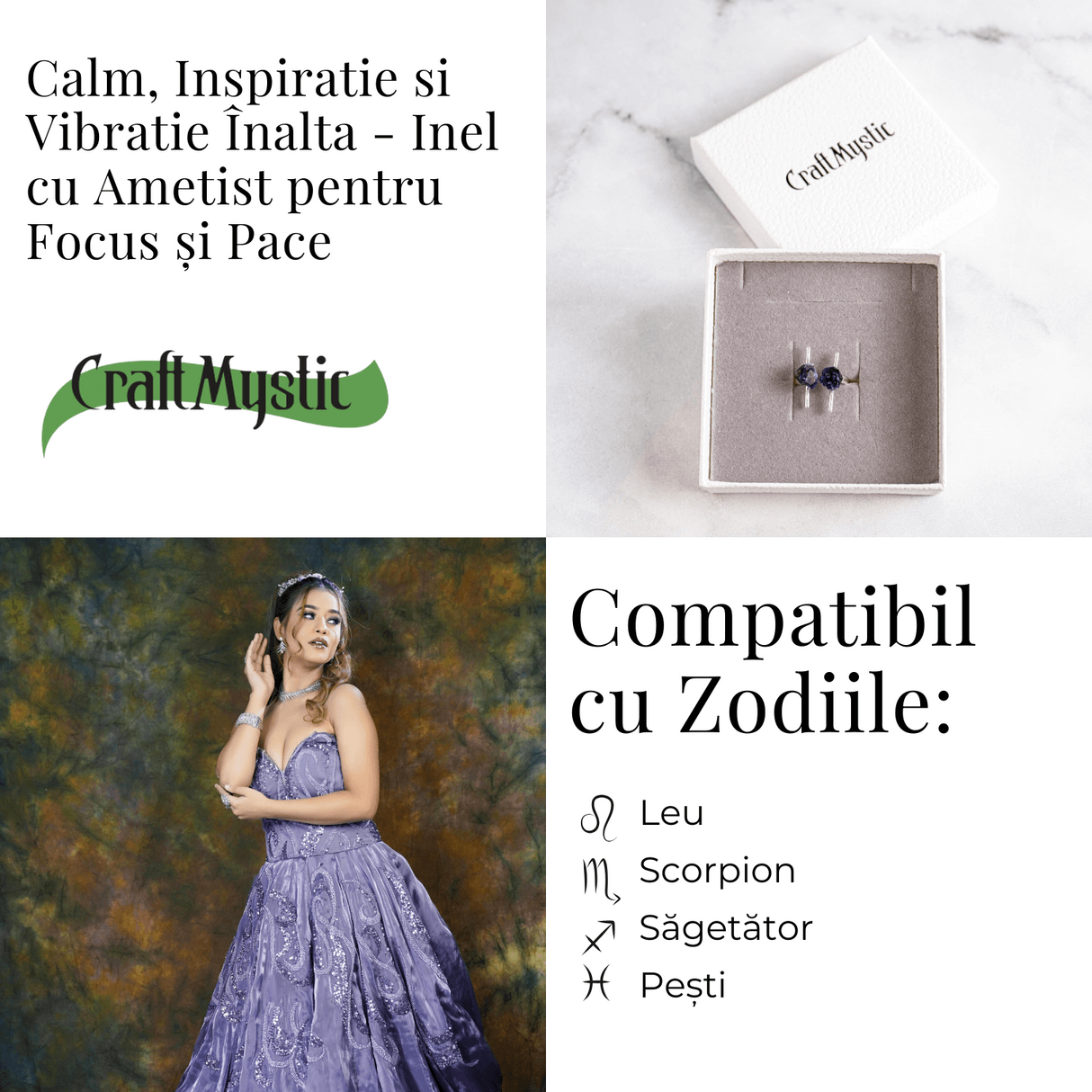 Accesoriu cu sens - Inel cu ametist dublu tija argintiu pentru focus si pace