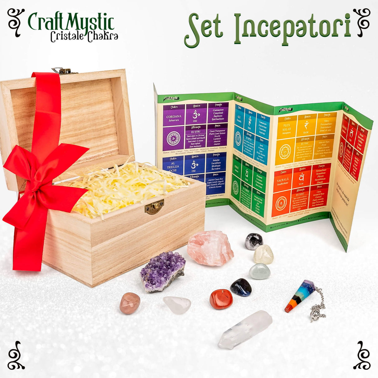 Set Premium cristale si pietre naturale vindecatoare in cutie de lemn - 11 piese pentru meditatie, spiritualitate, echilibrarea chakrelor - Cluster de ametist, pendul chakra, cuart roz, cristal de sta