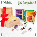 Set Premium cristale si pietre naturale vindecatoare in cutie de lemn - 11 piese pentru meditatie, spiritualitate, echilibrarea chakrelor - Cluster de ametist, pendul chakra, cuart roz, cristal de sta