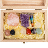 Set Premium cristale si pietre naturale vindecatoare in cutie de lemn - 11 piese pentru meditatie, spiritualitate, echilibrarea chakrelor - Cluster de ametist, pendul chakra, cuart roz, cristal de sta