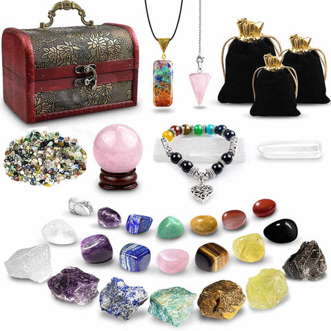 28-piece Natural Healing Crystal Set - Contains 14 polished natural crystals and 7 raw stones, sphere, pendulum, selenite, bracelet, necklace, rock crystal, chipped stones