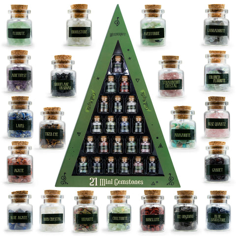 Set 21 Sticlute cu Mini Cristale si Pietre Naturale pentru Ritualuri Magice si Meditatie