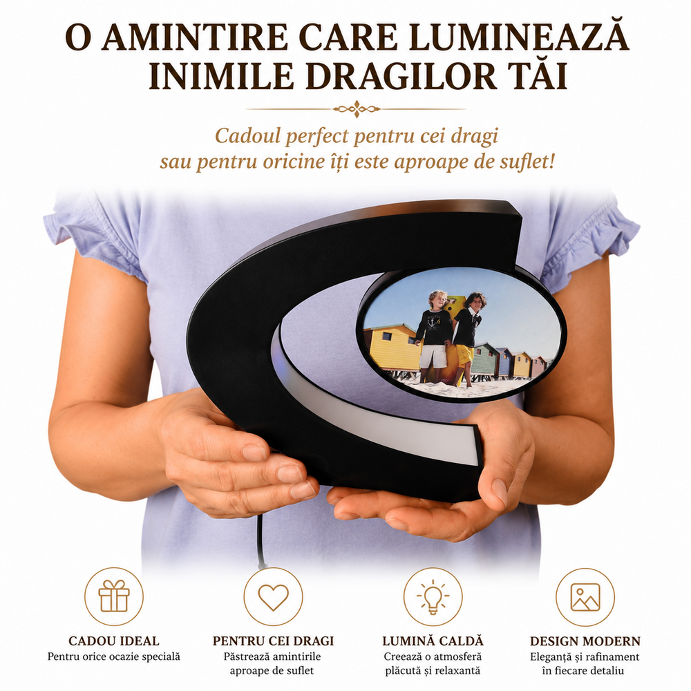Rama Foto Magnetica Levitanta Forma C cu Iluminare RGB si Rotire 360°