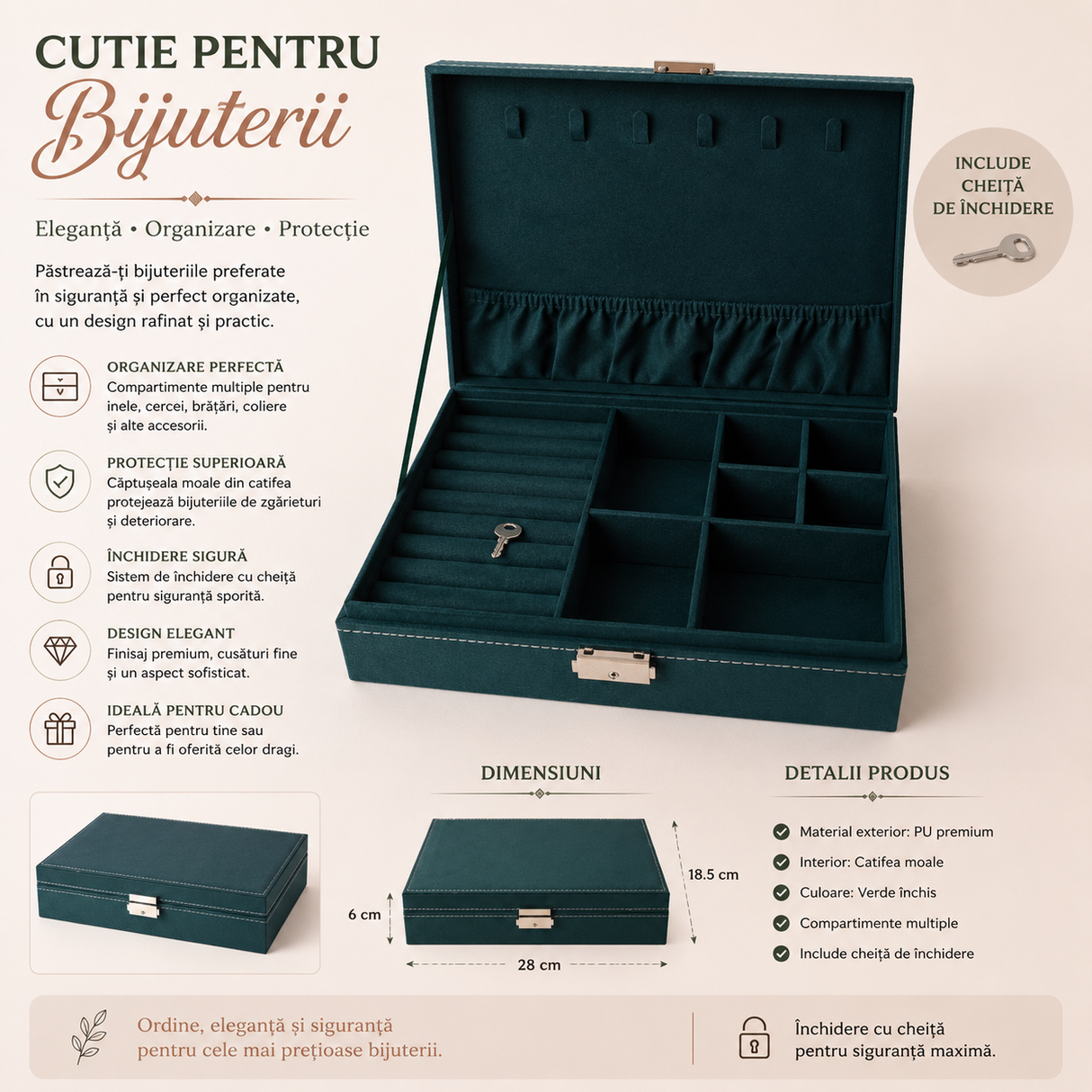 Cutie Dreptunghiulara pentru Bijuterii din Catifea Verde – Organizare Eleganta si Protectie