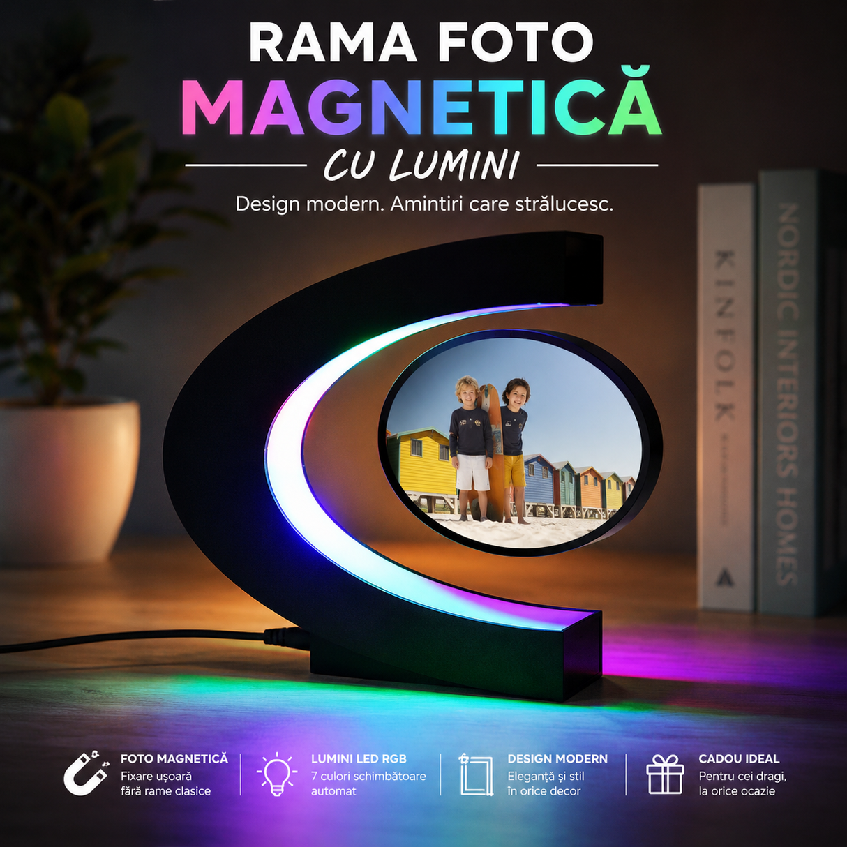 Rama Foto Magnetica Levitanta Forma C cu Iluminare RGB si Rotire 360°