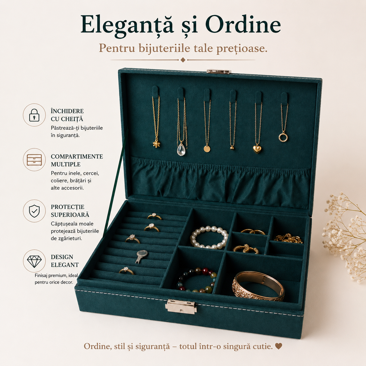 Cutie Dreptunghiulara pentru Bijuterii din Catifea Verde – Organizare Eleganta si Protectie