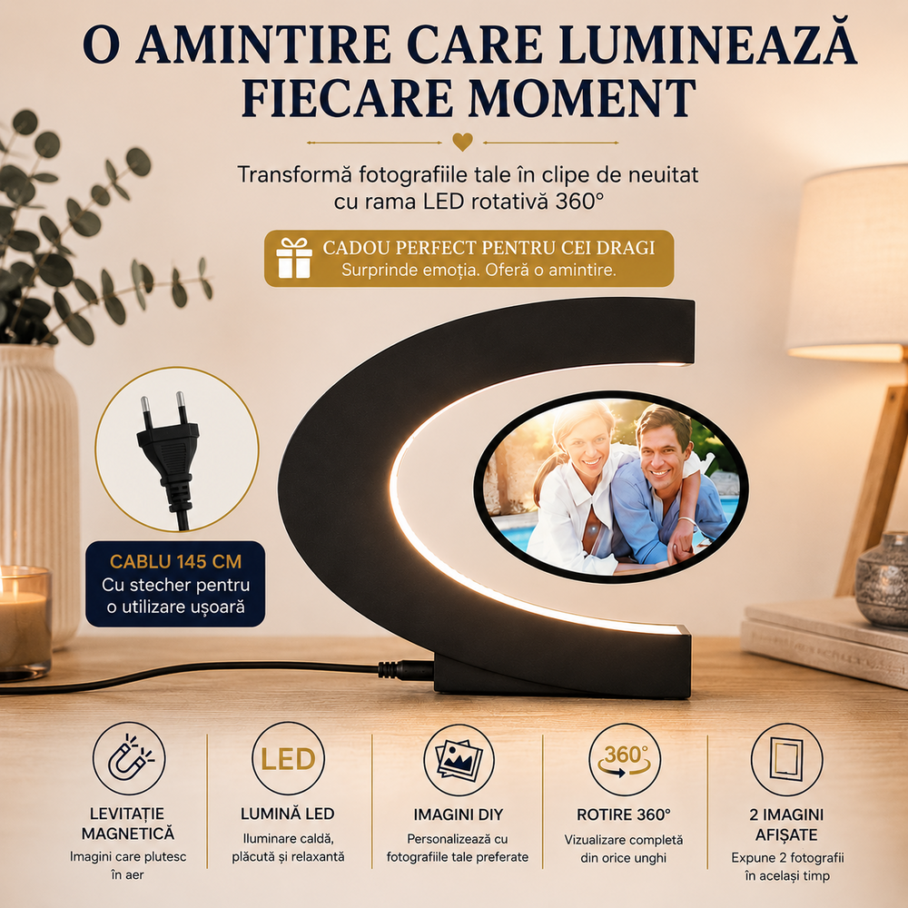 Rama Foto Magnetica Levitanta Forma C cu Iluminare RGB si Rotire 360°