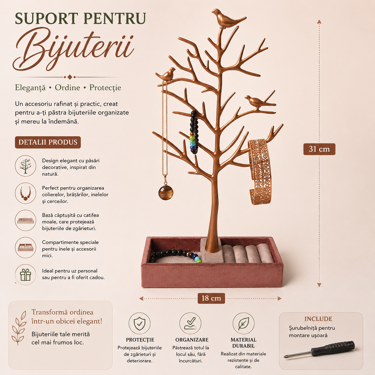 Suport pentru Bijuterii Arbore cu Pasari – Organizare Eleganta si Decor de Poveste