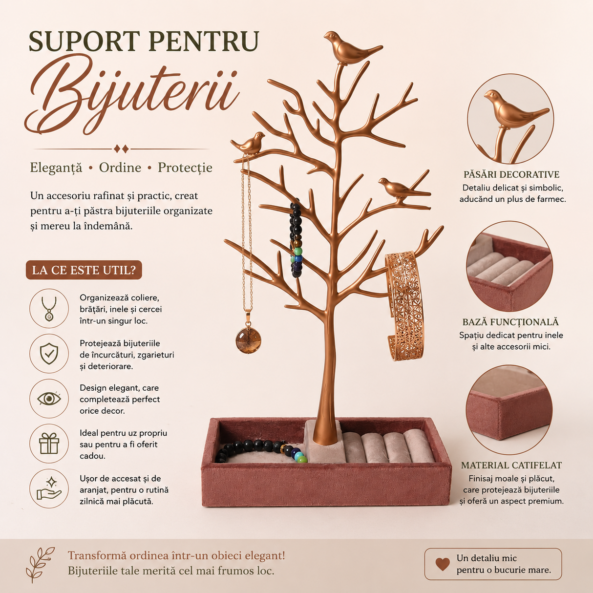 Suport pentru Bijuterii Arbore cu Pasari – Organizare Eleganta si Decor de Poveste