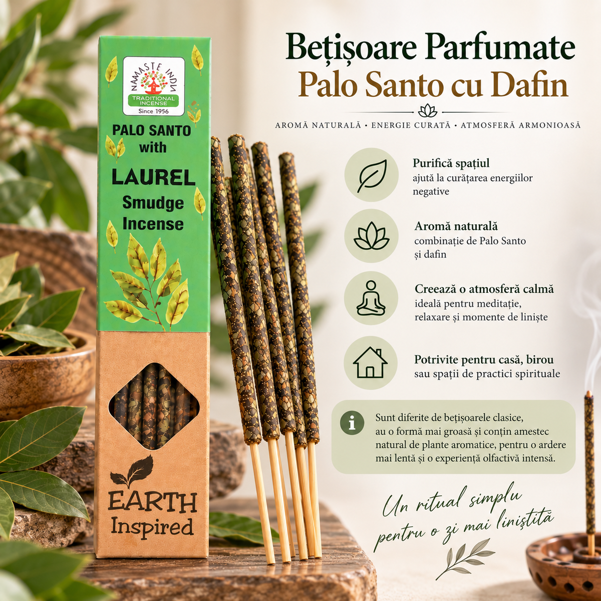 Bețișoare parfumate Palo Santo cu Laur, aromă naturală
