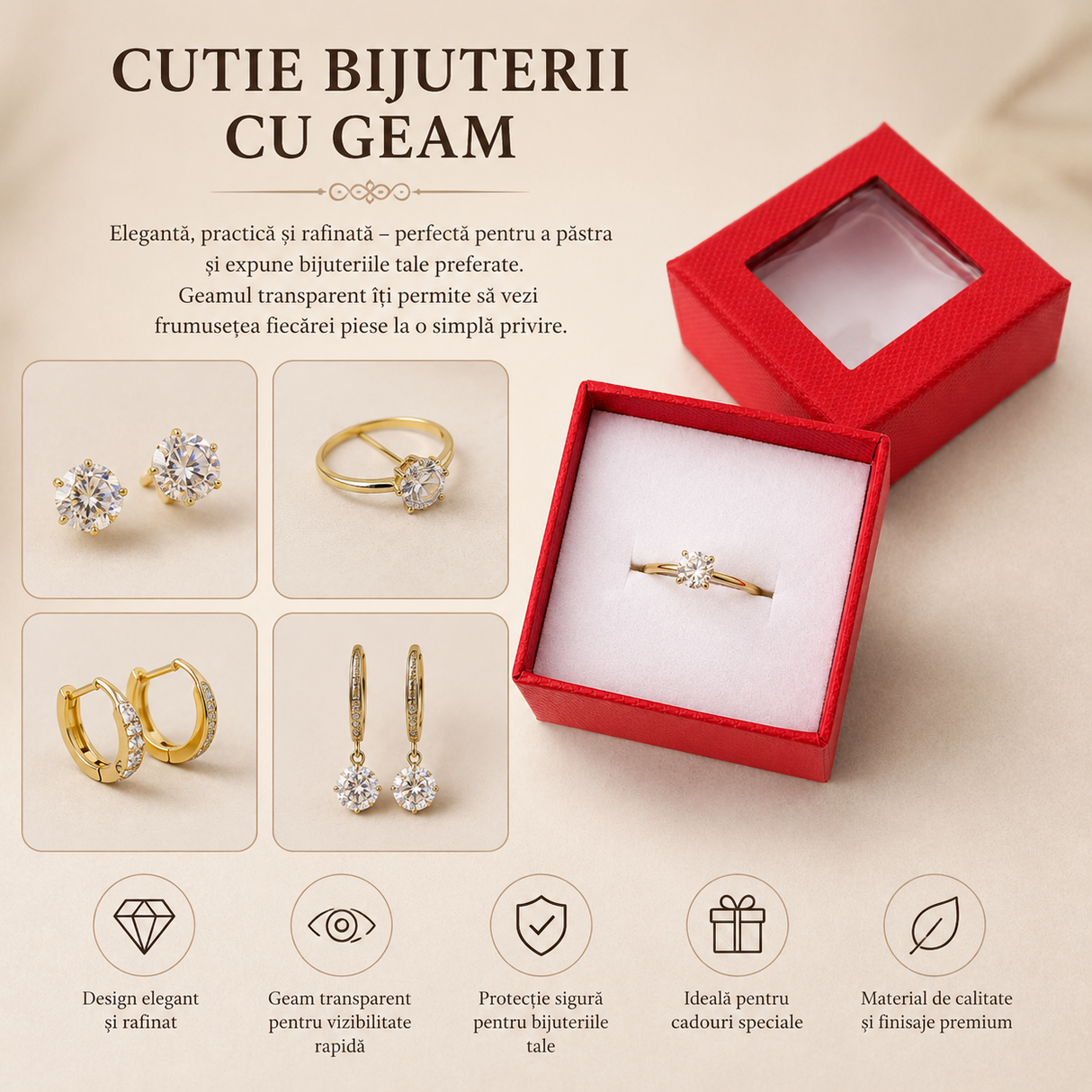 Cutie de bijuterii roșie cu fereastră 6 x 6 x 3,5 cm