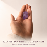 Detaliu al vârfurilor fațetate ale turnului de ametist