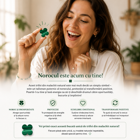 Detaliu al pandantivului trifoi din malachit verde