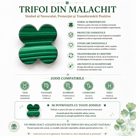 Trifoi cu 4 foi din malachit natural, cadou de noroc
