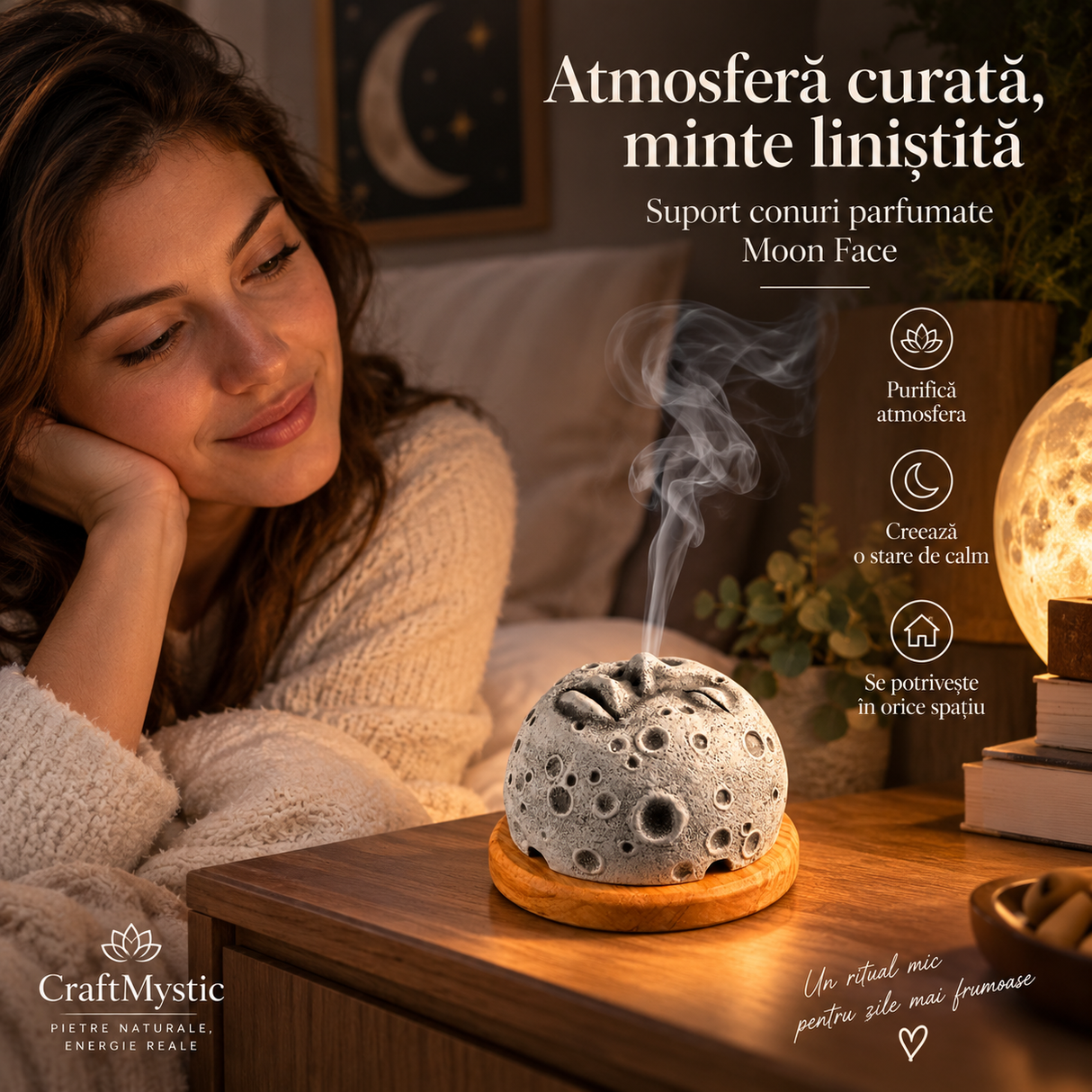 Suport conuri parfumate Moon Face din rășină și lemn