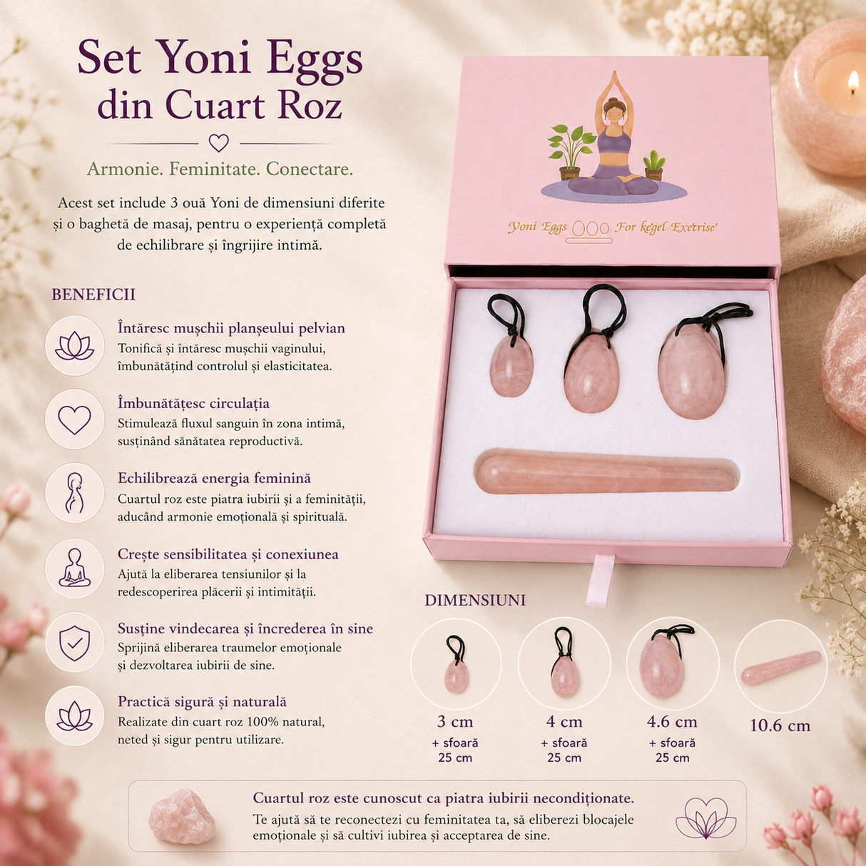 Set Oua Yoni si Bagheta din Cuarț Roz Natural – Feminitate, Armonie si Iubire de Sine